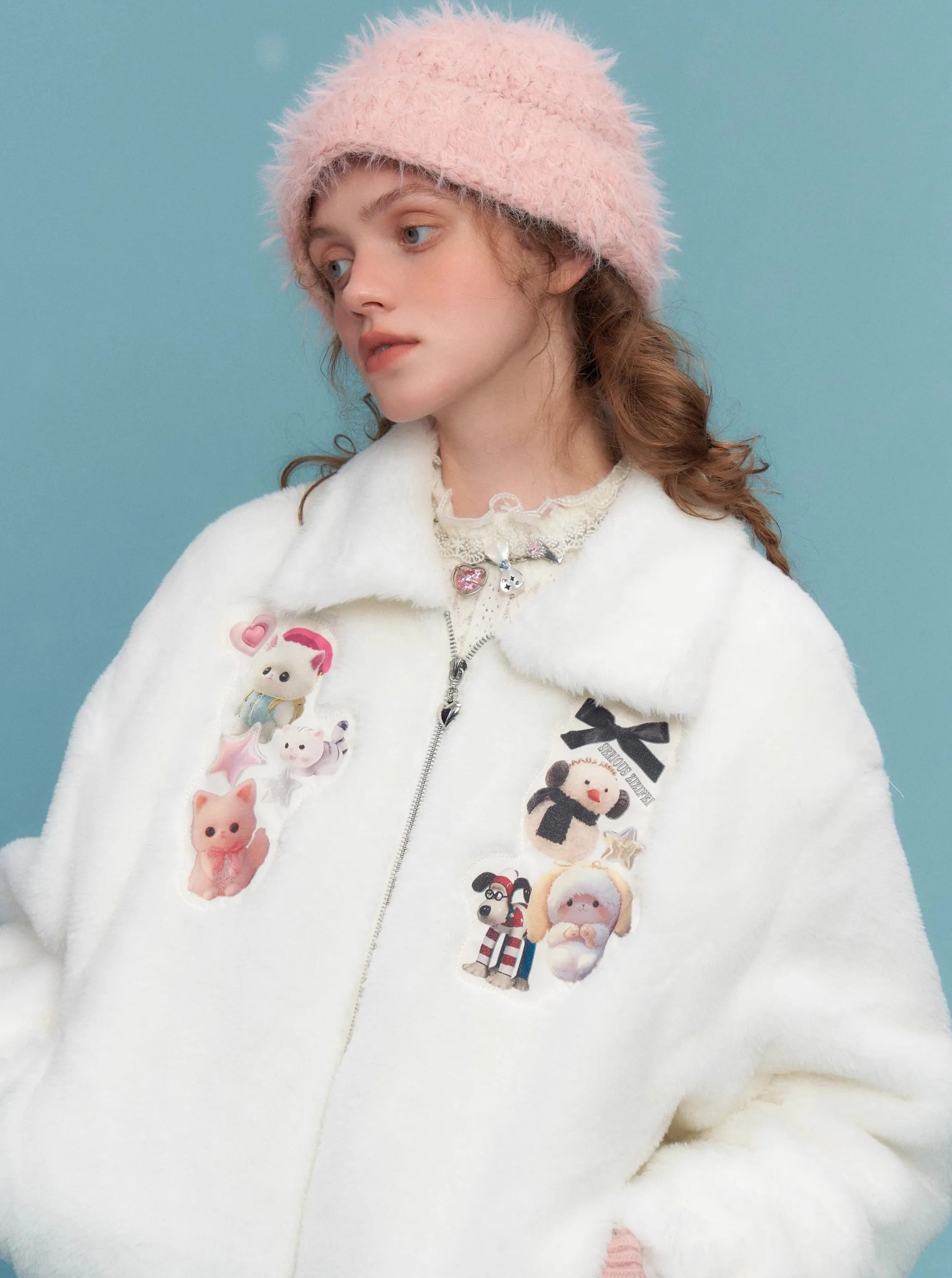 Sweet Animal Patch Faux Fur Jacket