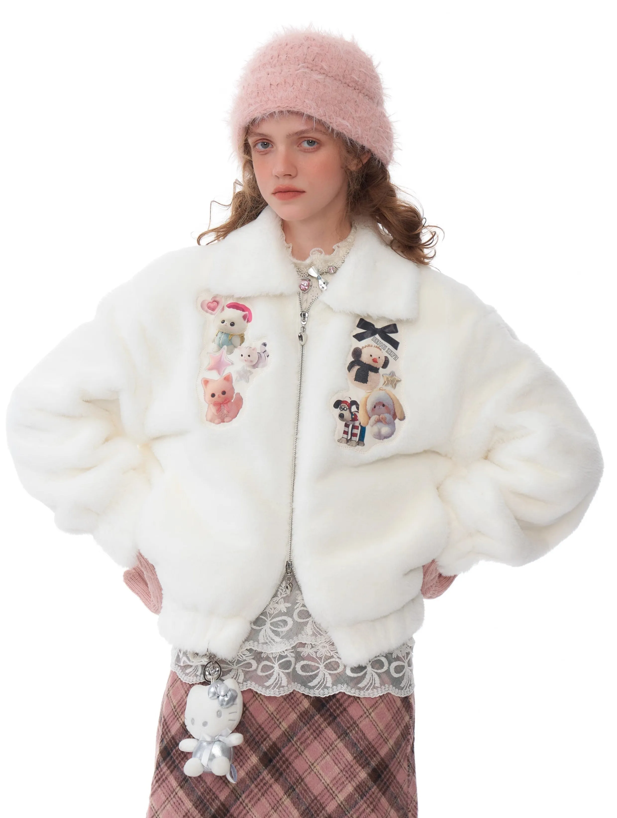 Sweet Animal Patch Faux Fur Jacket