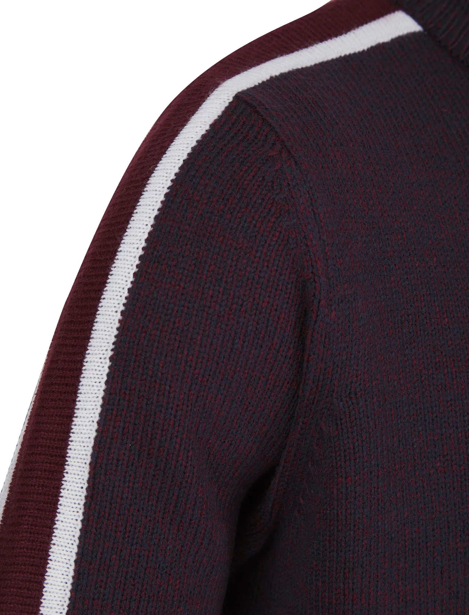 Tindle Quarter Zip Funnel Neck Knitted Jumper with Striped Sleeves in Sky Captain Navy / Port Royale Twist - Tokyo Laundry