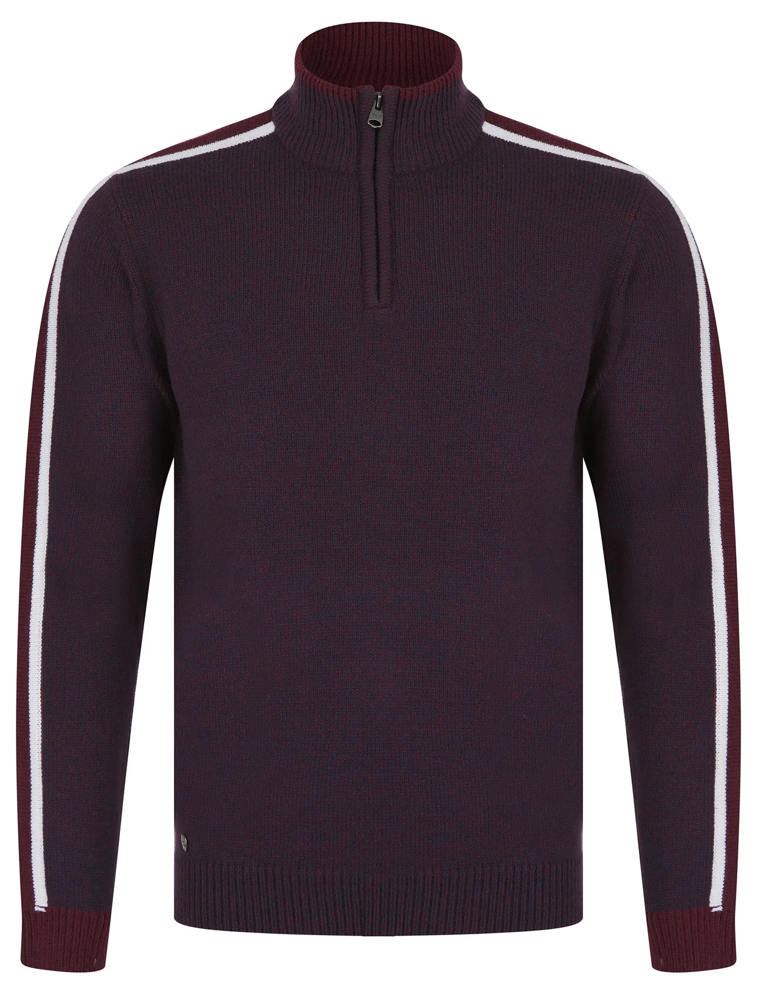 Tindle Quarter Zip Funnel Neck Knitted Jumper with Striped Sleeves in Sky Captain Navy / Port Royale Twist - Tokyo Laundry