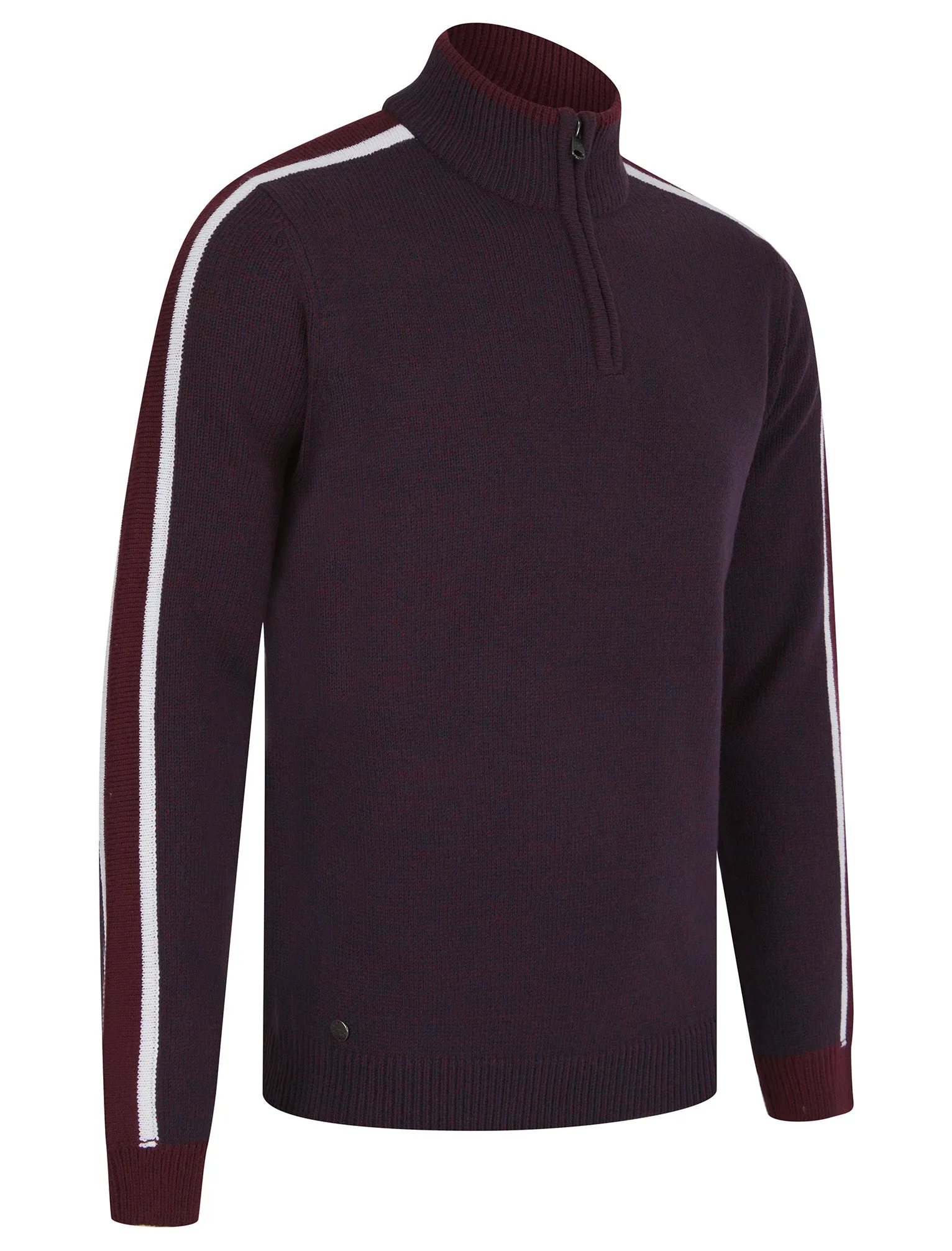 Tindle Quarter Zip Funnel Neck Knitted Jumper with Striped Sleeves in Sky Captain Navy / Port Royale Twist - Tokyo Laundry