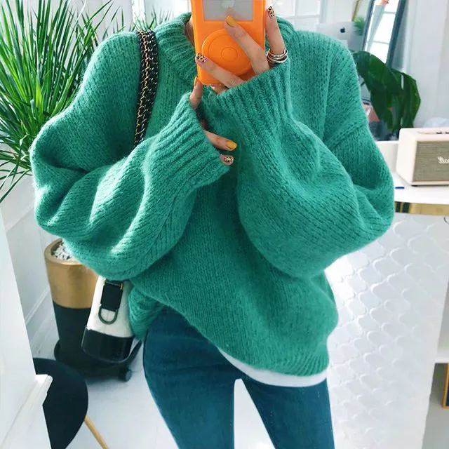 Trendy Comfy Designer Oversize Knitted Crewneck Jumper Sweater