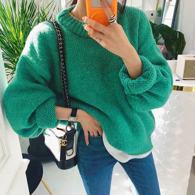 Trendy Comfy Designer Oversize Knitted Crewneck Jumper Sweater