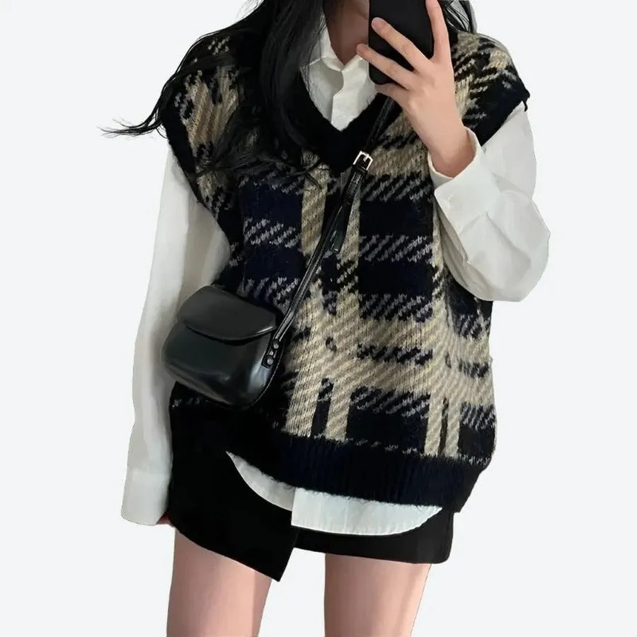 Trendy Plaid Knit Vest Sweaters