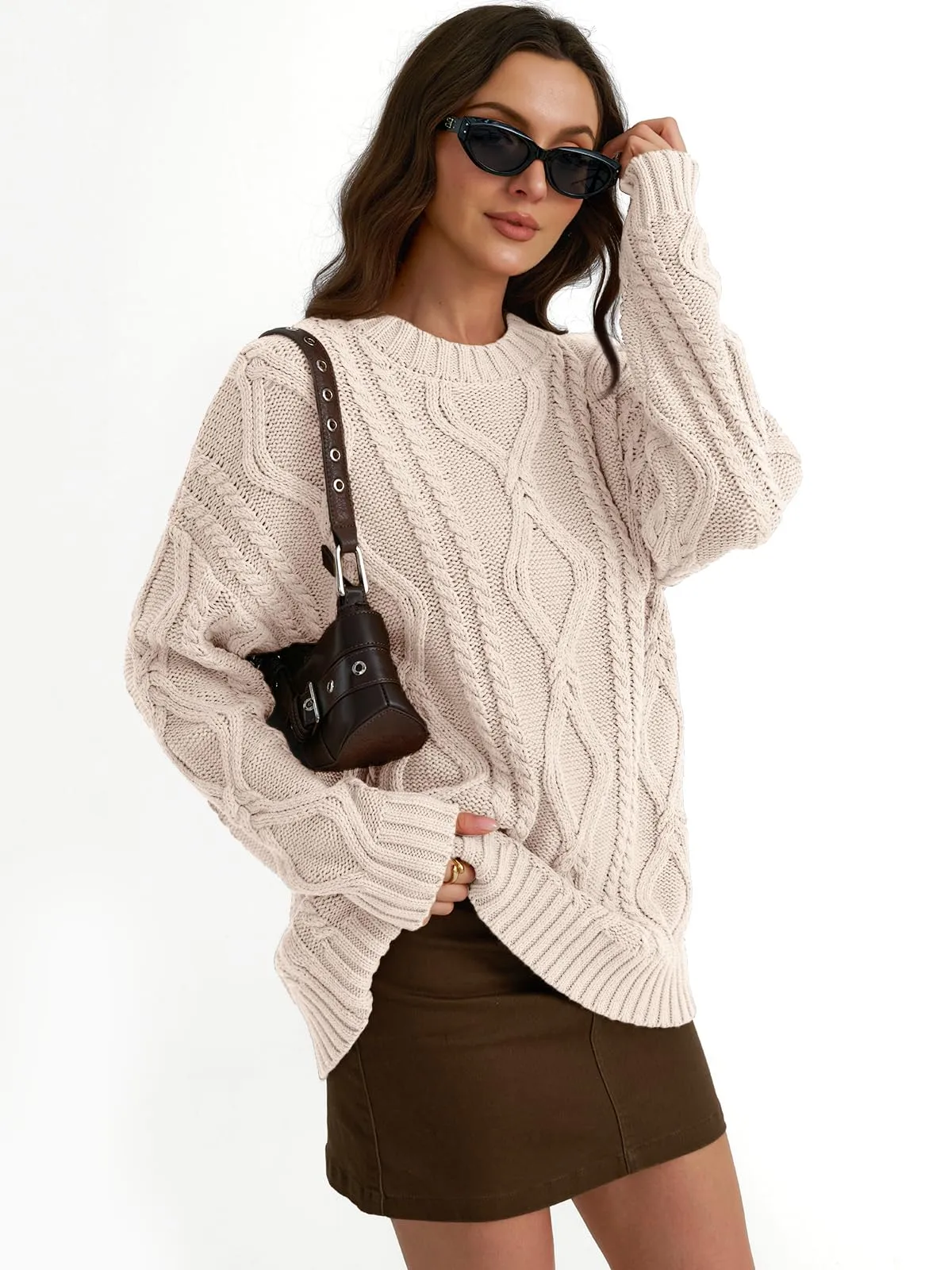 Trendy Queen Oversized Sweaters Womens Plus Size 2024 Fall Fashion Outfits Cable Knit Crewneck Pullover Cute Chunky Long Tunic Top Winter Old Money Clothes with Leggings Cream