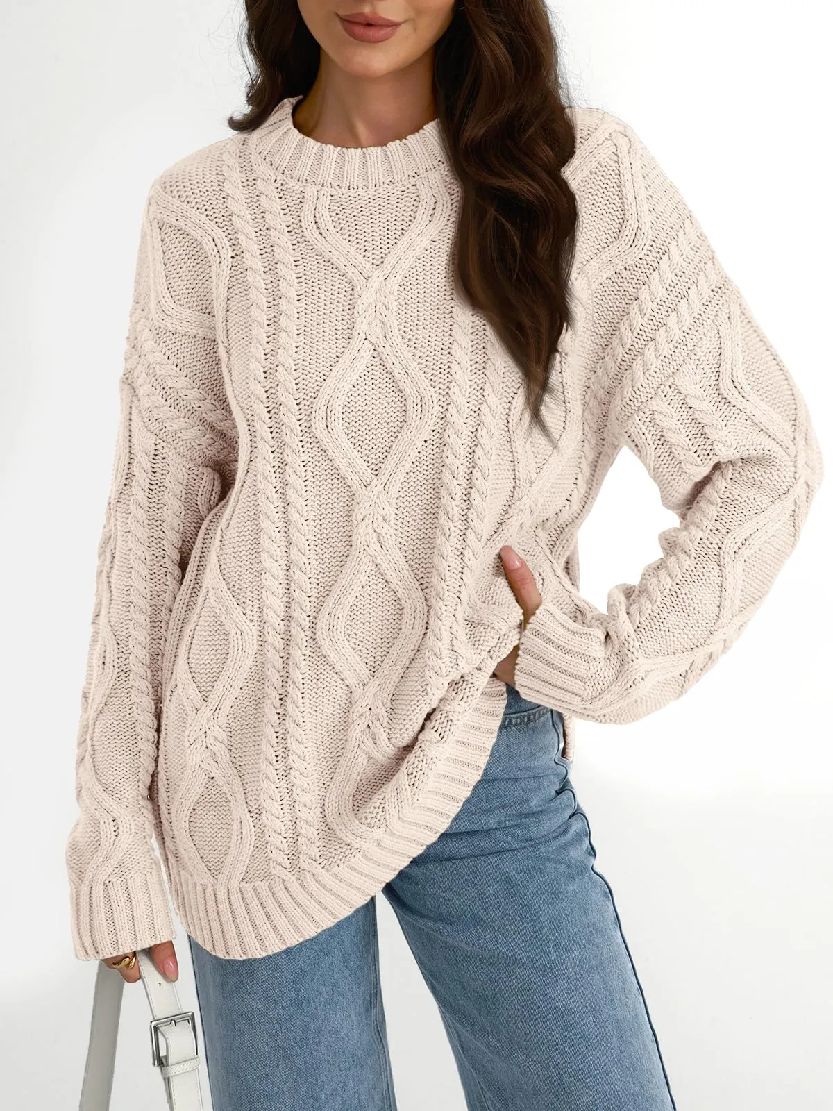 Trendy Queen Oversized Sweaters Womens Plus Size 2024 Fall Fashion Outfits Cable Knit Crewneck Pullover Cute Chunky Long Tunic Top Winter Old Money Clothes with Leggings Cream