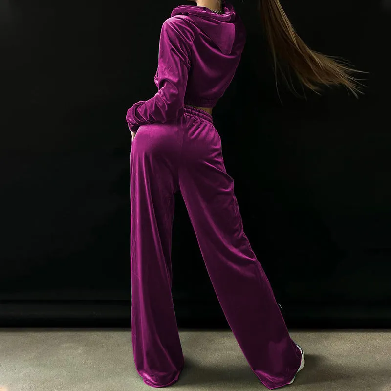 Velvet Hoodie & Wide-Leg Trousers Set for Street Style