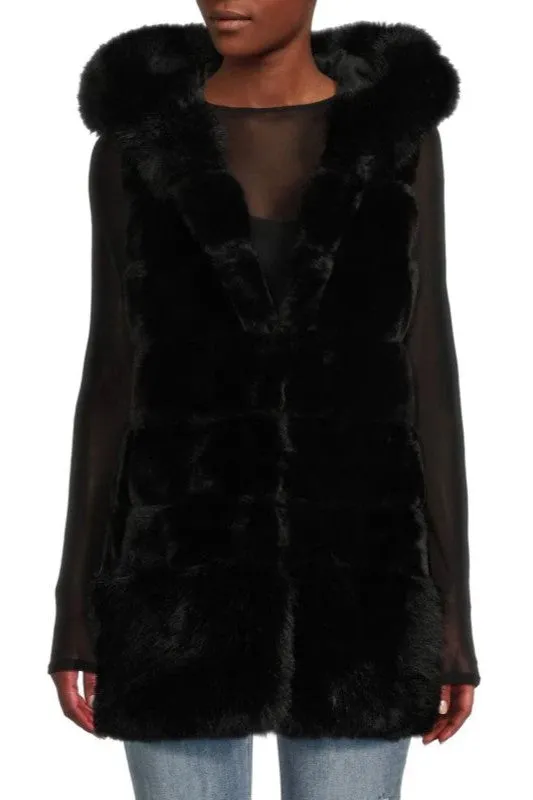 WINSOR - Long Fur Fur Vest with Oversized Hood