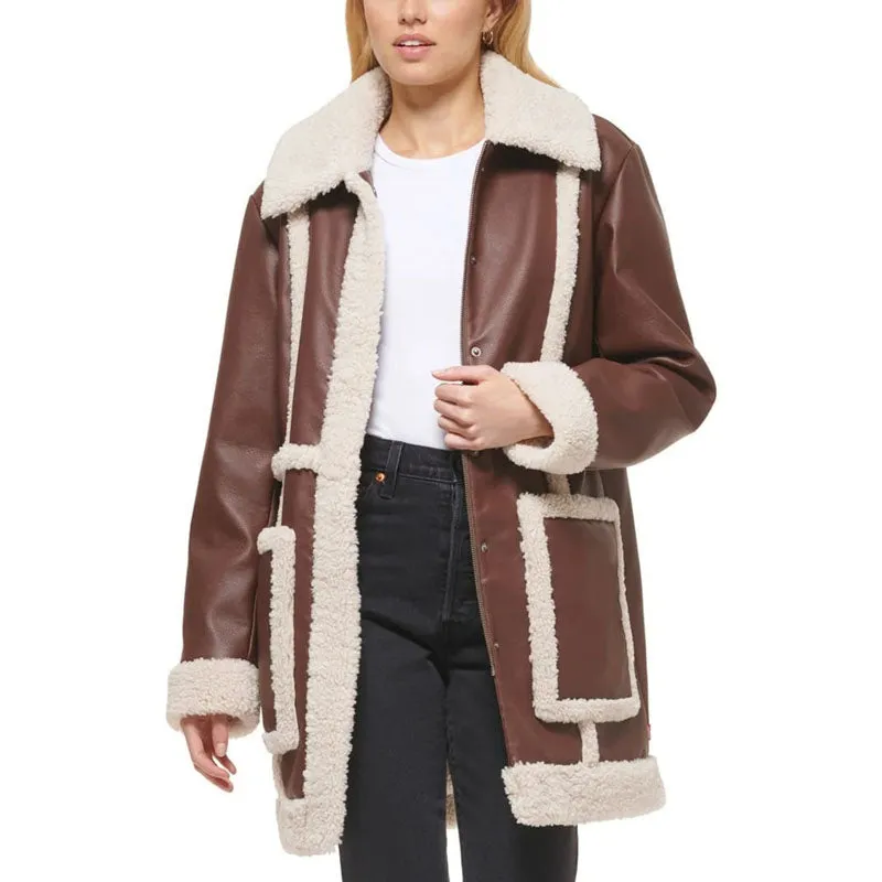 Women Brown Vintage RAF Aviator Flight Shearling Long Fur Sherpa Line Coat