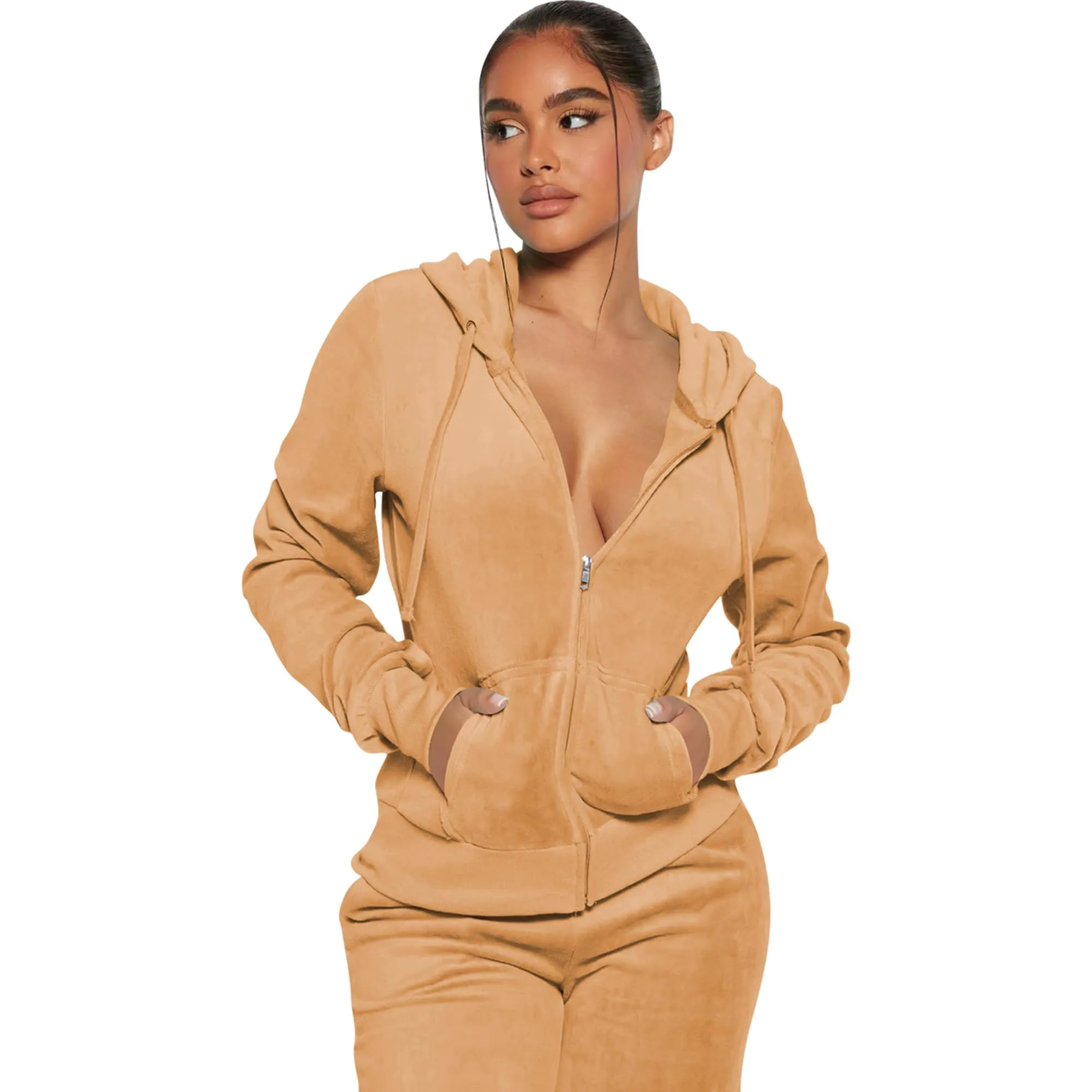 Womens 2 Piece Velour Tracksuit Two Piece Soft Velvet Hooded Outfits for Women, Longsleeve Zip Up Hoodie Workout Pants Jogging Sets Sweatpants Matching Suit Sports Sweatshirt Athletic Set with Pockets