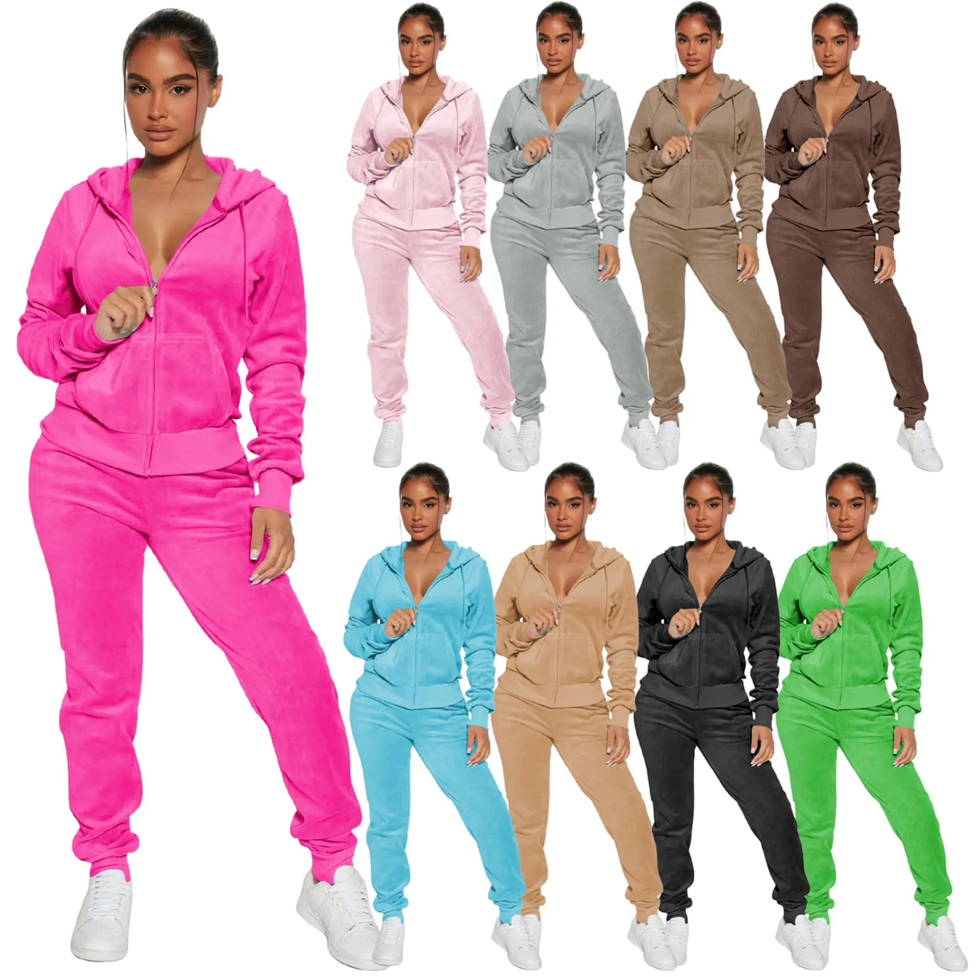 Womens 2 Piece Velour Tracksuit Two Piece Soft Velvet Hooded Outfits for Women, Longsleeve Zip Up Hoodie Workout Pants Jogging Sets Sweatpants Matching Suit Sports Sweatshirt Athletic Set with Pockets