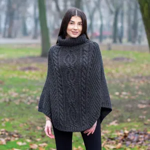 Women's Cable Knit Poncho, Charcoal