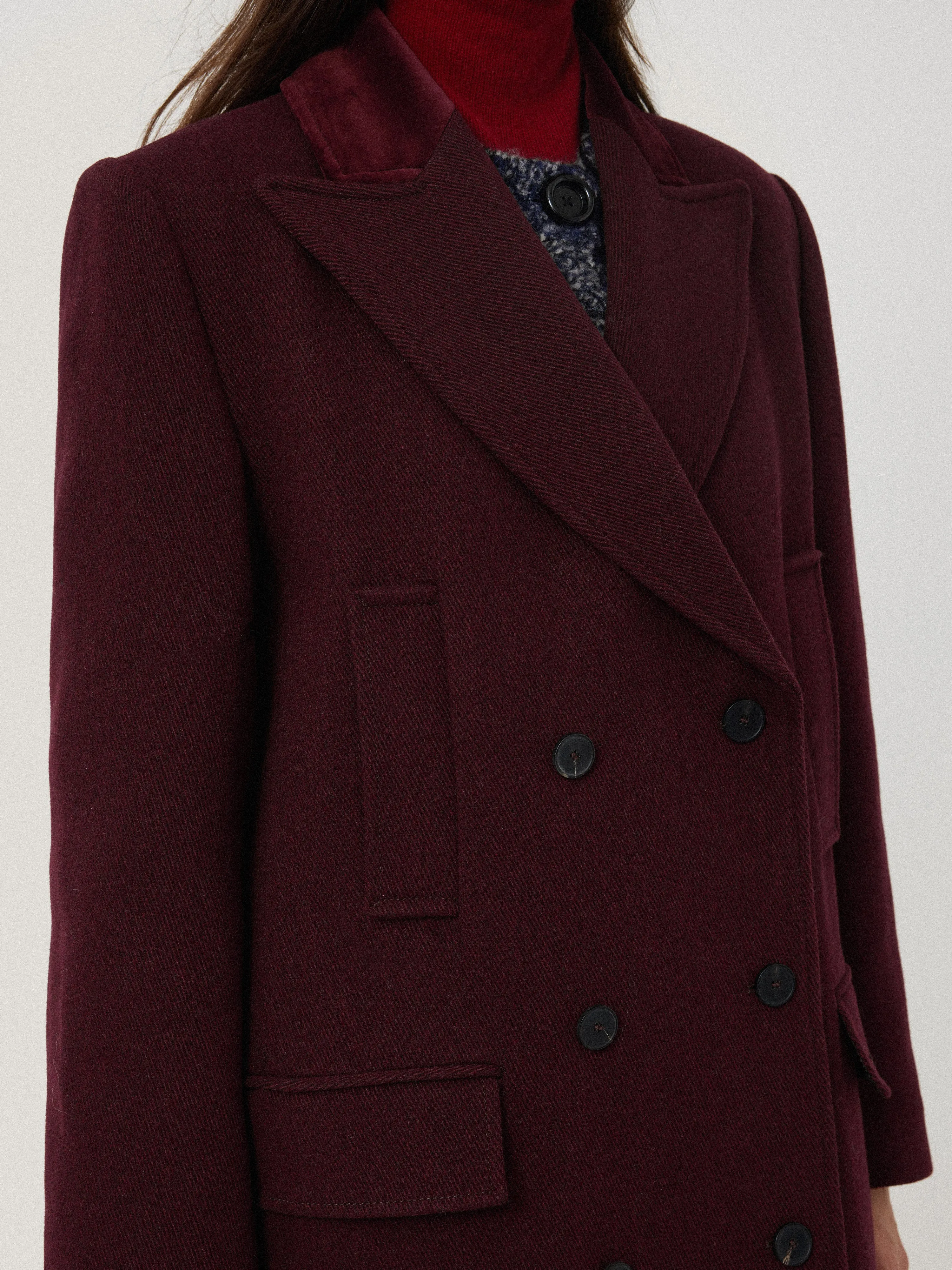 Wool Double Breasted Overcoat | Burgundy