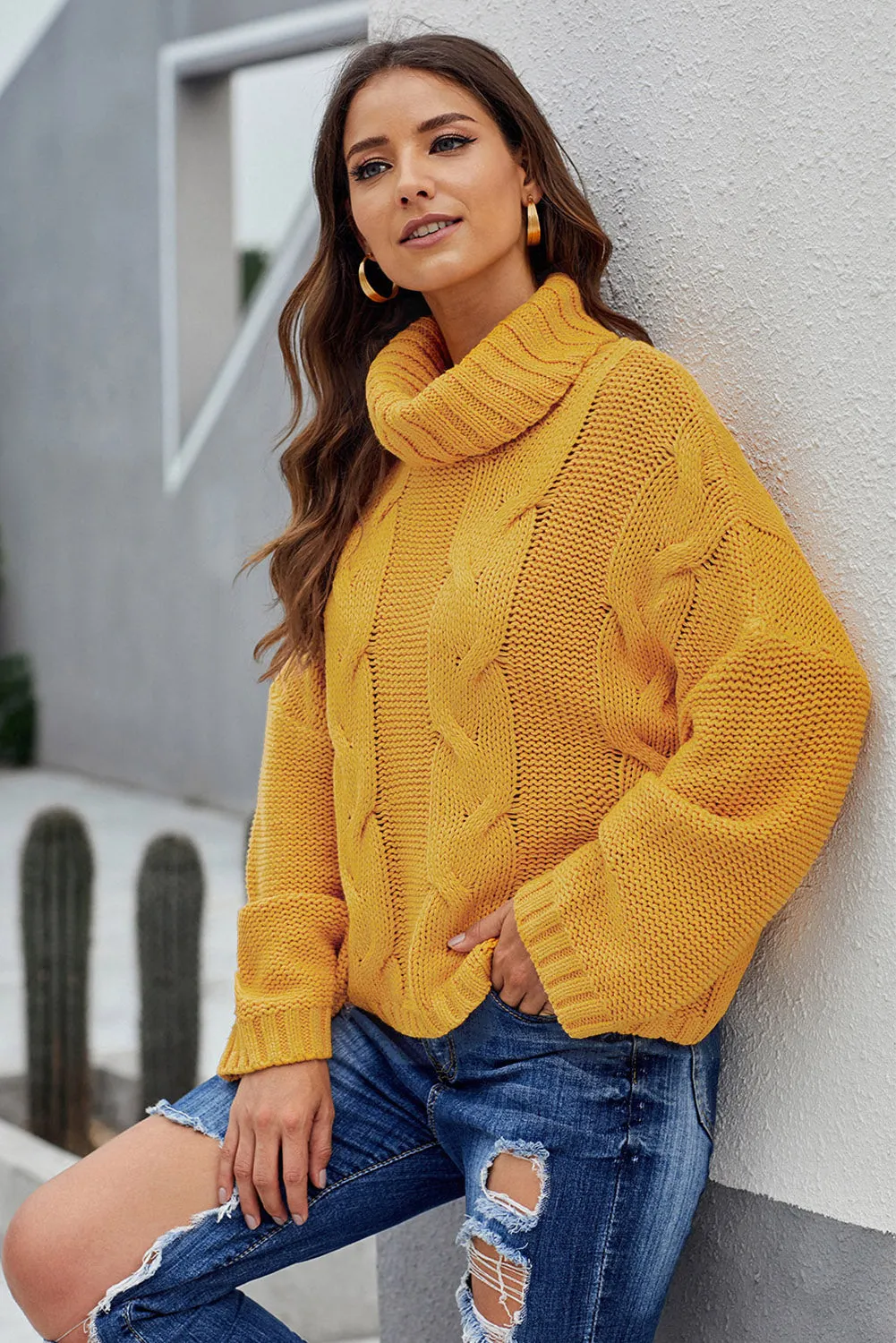 Yellow Cable Knit Turtleneck Sweater