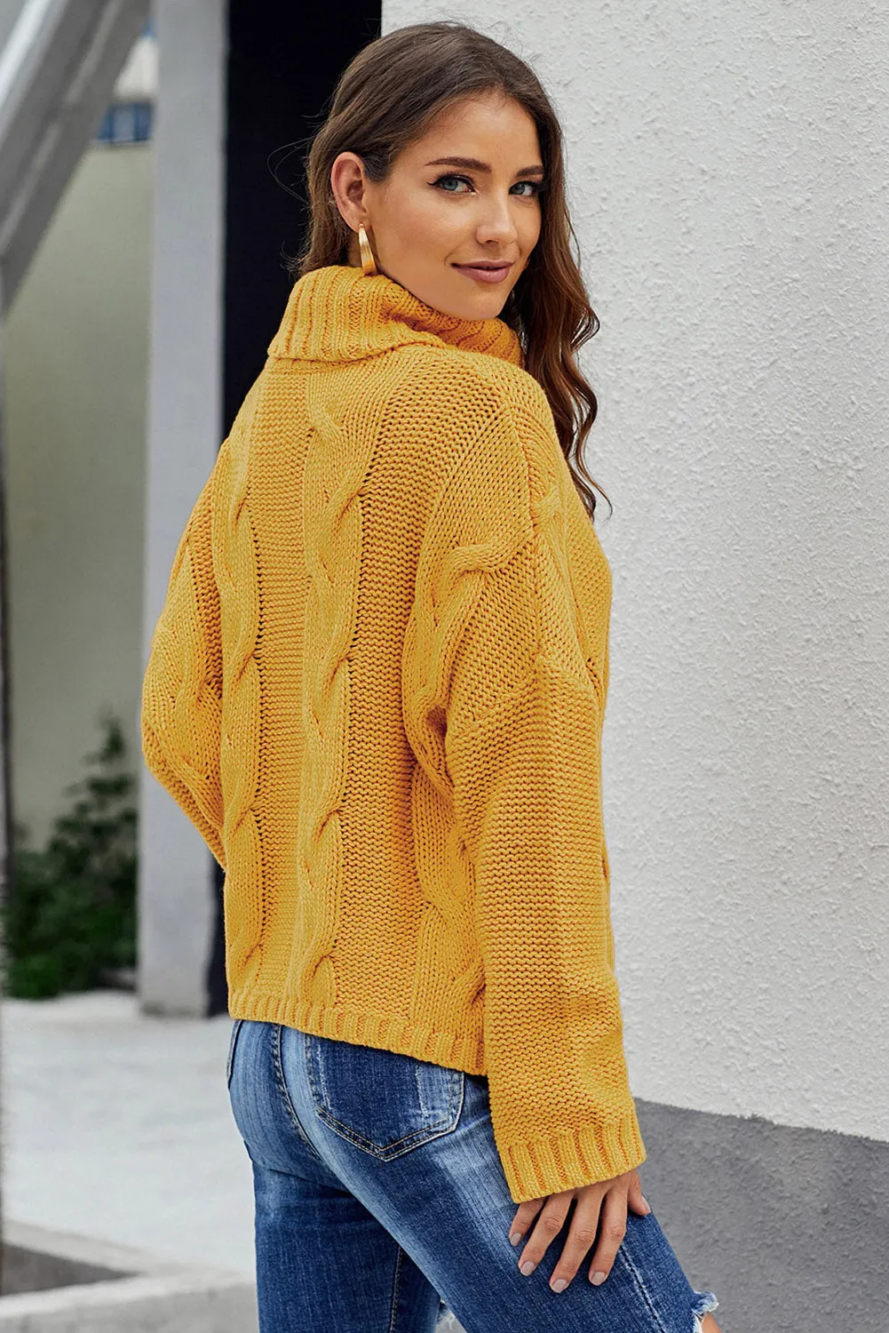 Yellow Cable Knit Turtleneck Sweater