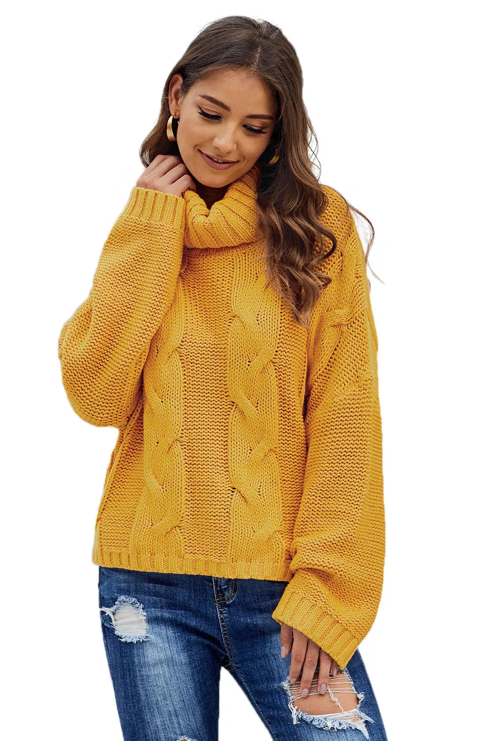 Yellow Cable Knit Turtleneck Sweater